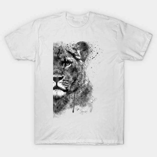 Black And White Half Faced Lioness T-Shirt by Marian Voicu